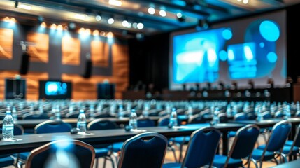 A conference hall is set up with rows of tables and chairs. Water bottles are placed on the tables in front of each seat.