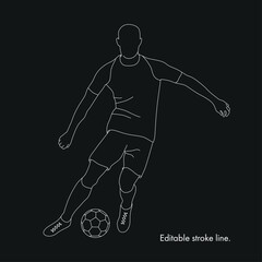 Fototapeta premium Soccer running player with ball. Vector stock one line hand drawing illustration isolated on black background for design template football championship, game. Editable stroke. 