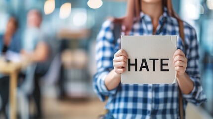 a woman holding a sign that says hate