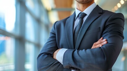 a man in a suit and tie standing with his arms crossed