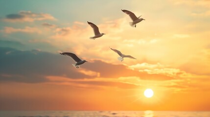 Obraz premium a flock of birds flying over the ocean at sunset