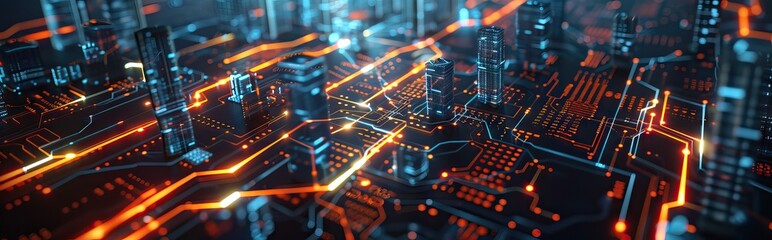 Futuristic city, skyscraper, with wavelengths, abstract color lines, night scene, bright ambience, intricate lights, smart city concept. Digital illustration, mixed media. AI generated illustration