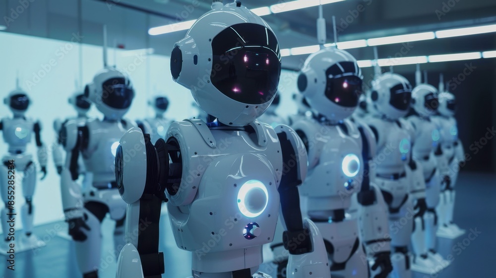 Poster several humanoid robots with white bodies and black visors stand in a line, creating a futuristic an