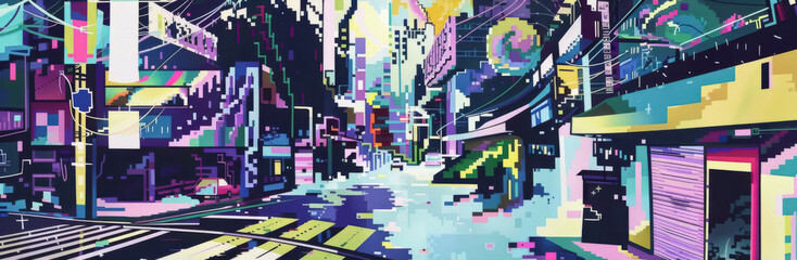 Fototapeta premium Vibrant Pixelated Cityscape with Colorful Geometric Patterns