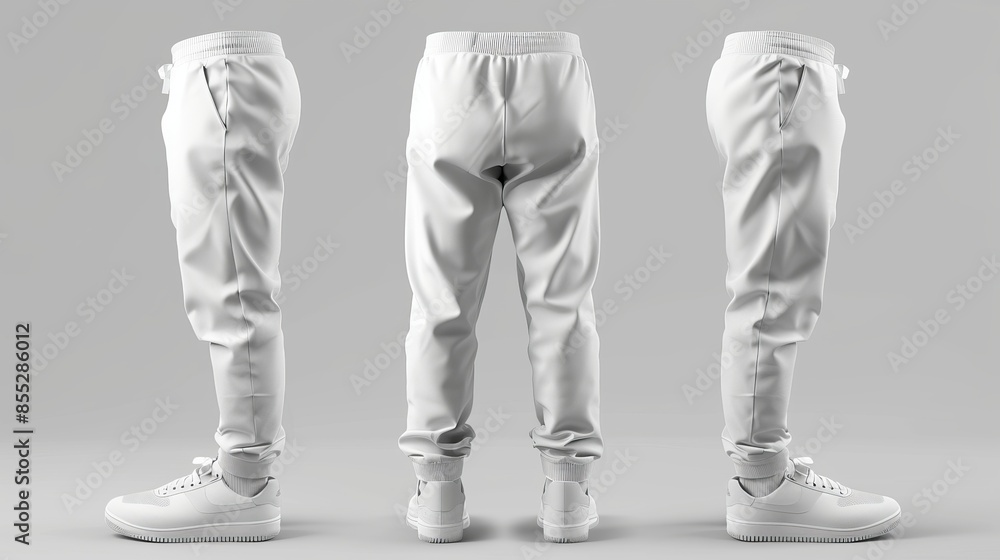 Poster 3d rendering of blank white mens pants mockup showing front and back views isolated empty template o
