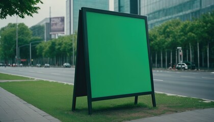 A blank green billboard on a city street, ready for advertising, with cars passing by and trees lining the road