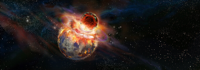 Collision and crash between a exoplanet and its satellite. Space landscape. Art concept
