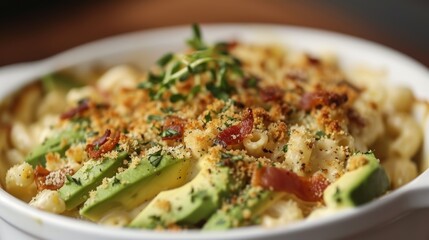 Gourmet Avocado and Bacon Mac and Cheese with Creamy Cheese Sauce and Breadcrumb Topping in Ceramic Dish