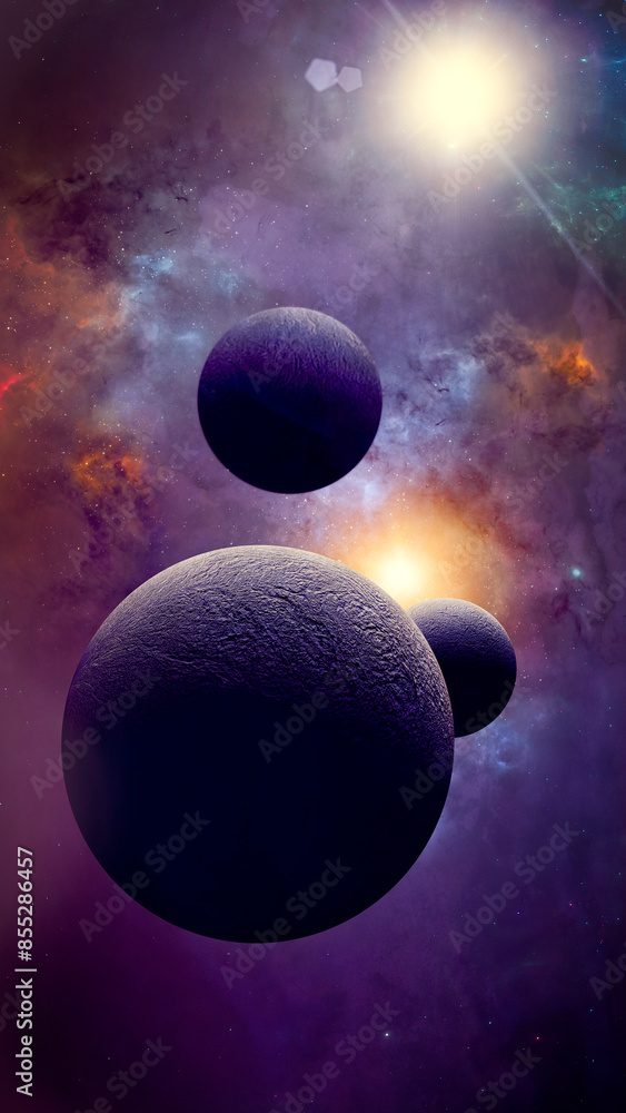 Wall mural sun from another galaxy and exoplanets, stars and planets from distant universes. 3d rendering