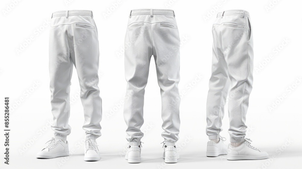 Poster 3d rendering of blank white mens pants mockup showing front and back views isolated empty template o
