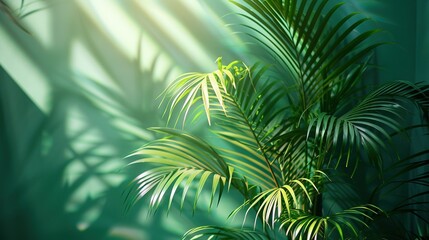 Fototapeta premium A photo of a hand holding a coconut while standing in front of a palm tree with sunlight filtering through its leaves onto the wall behind it