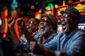 Obraz premium Excited Men Playing Slot Machines At Casino