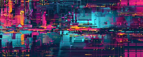 Obraz premium Colorful Abstract Painting with Geometric Shapes and Grid Patterns, Showcasing Digital Aesthetics