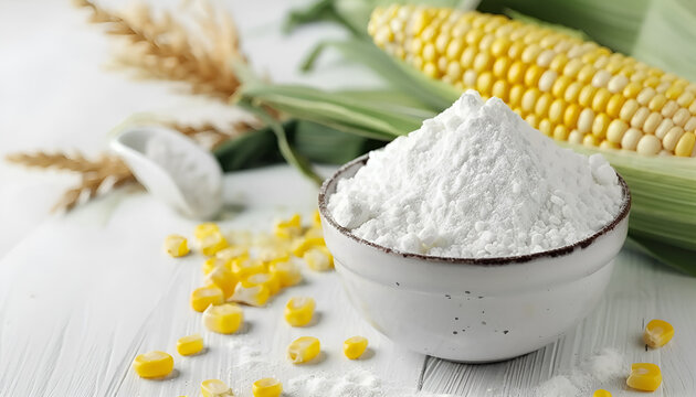 Bowl with corn starch, ripe cobs and kernels on white table