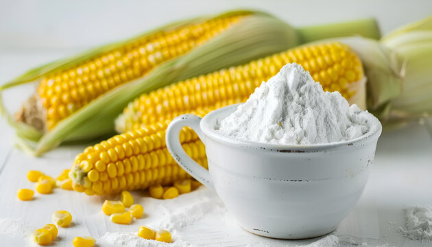 Bowl with corn starch, ripe cobs and kernels on white table