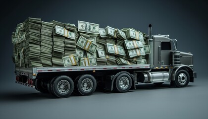 A sleek black modern semi-truck is hauling huge stacks of US dollar bills, symbolizing financial transport or economic growth