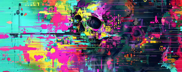 Abstract Skull Art with Neon Colors and Digital Glitch Effects, Vibrant and Edgy