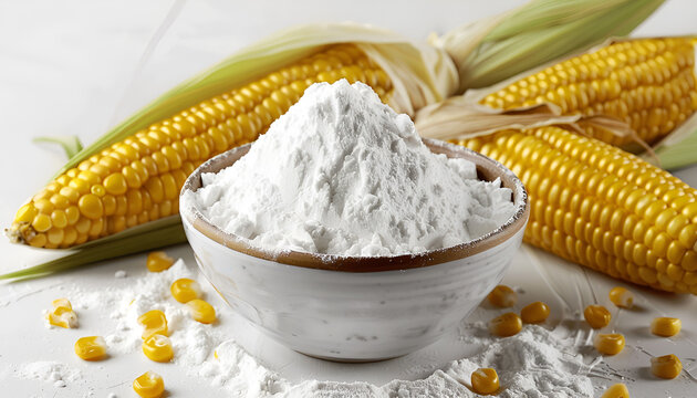 Bowl with corn starch, ripe cobs and kernels on white table