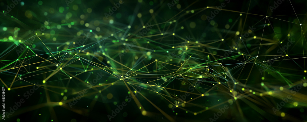 Wall mural abstract digital background with glowing lines and dots forming a network, black backdrop with green