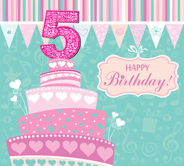 Happy birthday card. Celebration background with number five, Birthday cake,  flags and place for your text. Greeting, invitation card or flyer. Vector illustration