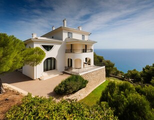 A spacious minimalistic and elegant design house made of white limestone with panoramic view