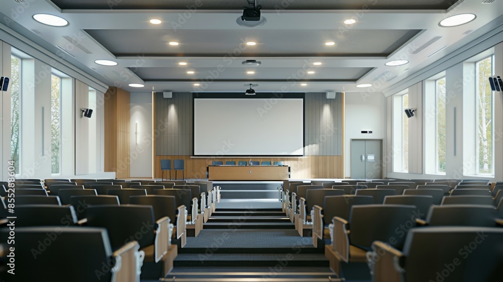 Aufkleber a lecture hall with rows of empty seats facing a projector screen.