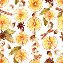 Orange circles, cinnamon, badian, chanterelles, acorns and mushrooms. Seamless pattern on a white background. Suitable for textiles, scrapbooking, wallpaper, wrapping paper, cards and invitations, fal