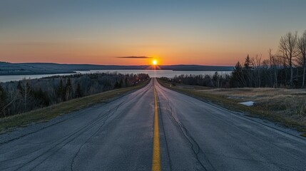 The empty road leading to the lake by sunset