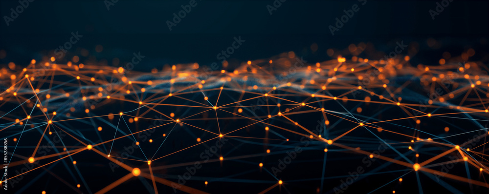 Wall mural abstract digital background with glowing lines and dots forming a network, dark blue backdrop with o