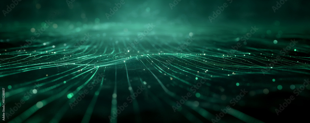Wall mural abstract digital background with glowing lines and dots forming a network, black backdrop with green