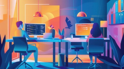 A colorful digital illustration depicting three coworkers working late into the night in a modern office setting with vibrant hues of orange, blue, and purple.