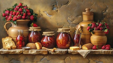 Fototapeta premium Painting of jars with jam, strawberries, bread, and strawberries in front of a stone wall