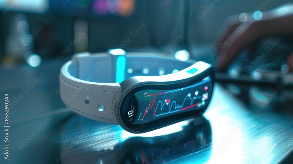 Poster a close-up shot of a sleek futuristic smartwatch with a glowing display showing heart rate and other