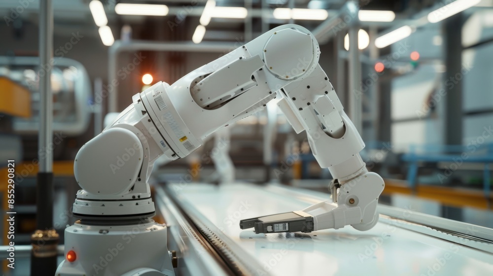 Poster a white robotic arm performs a task on an assembly line in a modern factory.