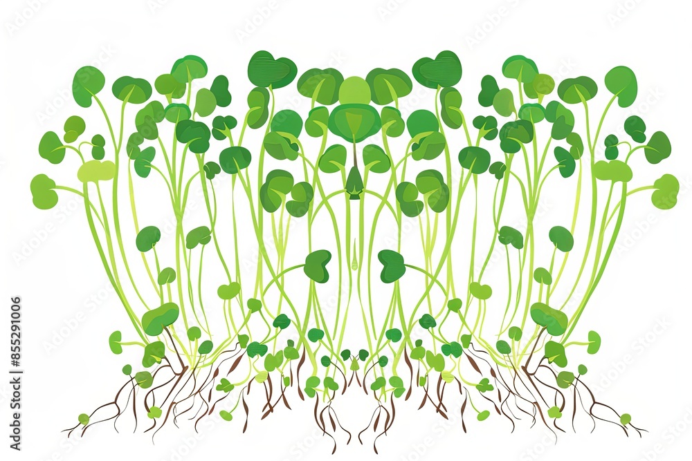 Poster a graphic illustration of microgreens with visible roots, set against a white background. generative