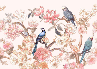 Blossom trees with sparrow and parrots Seamless pattern, background. Vector illustration. In Chinoiserie, botanical style