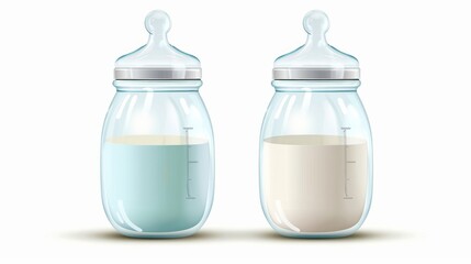 Realistic vector illustration of two glass and plastic baby milk bottles Includes full and empty sterile containers with pacifier and scale measurements for child nutrition isolated on