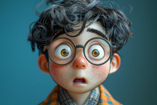 A young boy, his cheeks flushed with embarrassment, is vividly rendered in a 3D cartoon style, his exaggerated features and expressive eyes capturing the depth of his emotions