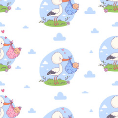 Seamless pattern with cute stork with newborn babies boy and girl on white background with clouds. Vector illustration. Cartoon bird kawaii and childish birthday. Kids collection