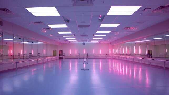 This is a picture of an empty dance studio with pink lighting. There are mirrors along the walls, and a ballet barre is visible in the reflection.