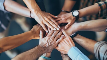 Obraz premium A group of hands from diverse individuals come together in a symbol of unity and collaboration.