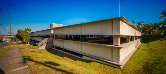 Multilevel parking garage Downtown Tallahassee Florida. Wide angle panorama. Stitched photo