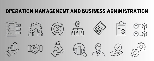 Operation management and business administration editable stroke outline icons set isolated