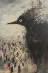 Surreal dark raven amidst ghostly figures in an eerie landscape, perfect for supernatural, abstract, and horror themes, capturing a spooky and unsettling atmosphere