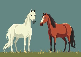 Fototapeta premium Illustrative Cartoon Horses Standing in Field - Brown and White Horse Duo.