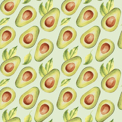 Watercolor Seamless Pattern of ripe avocado halves and leaves on a light green background. Can be used for kitchen textile prints, product packaging design.