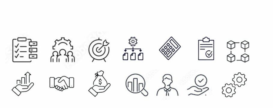 Operation management and business administration editable stroke outline icons set isolated