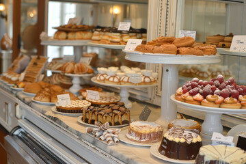 Fototapeta premium Cozy bakery interior with fresh assortment, Bright and inviting bakery showcasing a variety of bread and pastries
