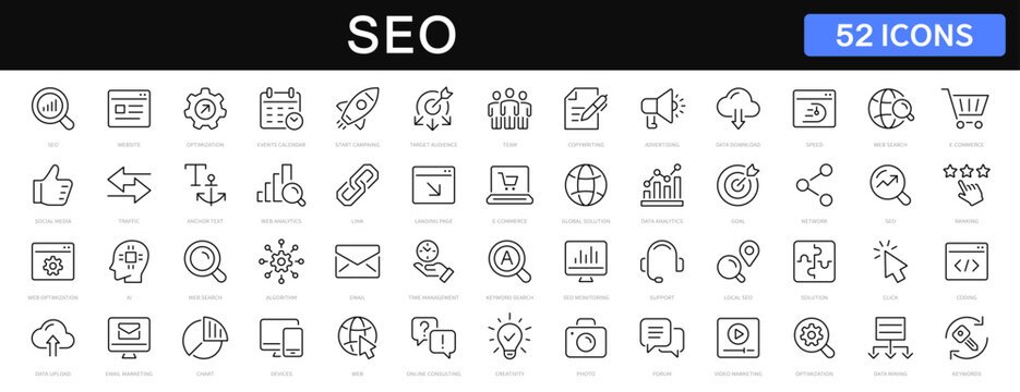 SEO - search engine optimization thin line icons set. seo icon collection. Search optimization symbol. Editable stroke icons. Vector illustration