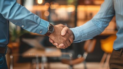 Two people in blue shirts shake hands, a symbol of agreement in a business deal.